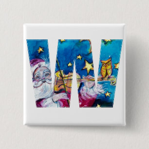 CHRISTMAS W LETTER / INSPIRED SANTA MONOGRAM 2 INCH SQUARE BUTTON