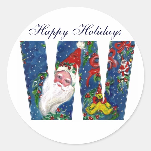 CHRISTMAS W LETTER / SANTA CLAUS WITH RED RIBBON CLASSIC ROUND STICKER (Front)