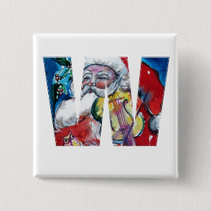 CHRISTMAS W LETTER / SANTA  WITH VIOLIN MONOGRAM 2 INCH SQUARE BUTTON
