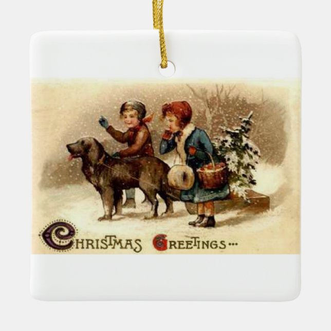 Christmas Walk with the Dog Ceramic Ornament (Front)