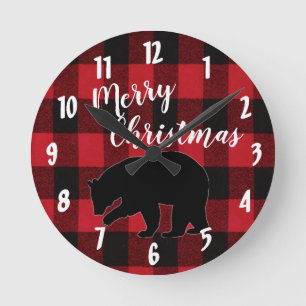 Christmas Wall Clock Red Plaid Black Bear