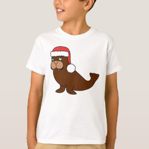 Christmas Walrus with Red Santa Hat T-Shirt
