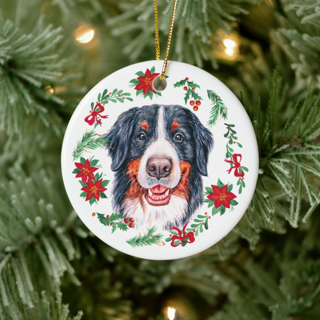 Christmas Watercolor Bernese Mountain dog Ceramic Ornament (Tree)