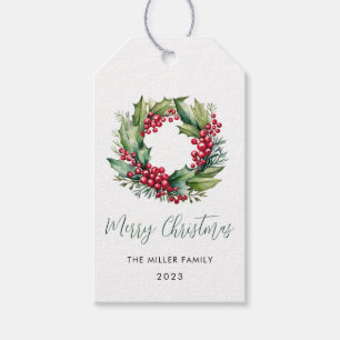 Christmas Watercolor Berries and Greenery Wreath Gift Tags