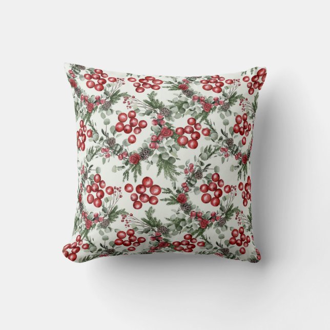 Christmas Watercolor Berries Pattern Throw Pillow (Front)