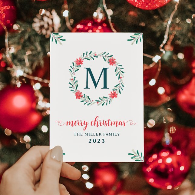 Christmas Watercolor Berry Floral Wreath Monogram Holiday Card (Creator Uploaded)