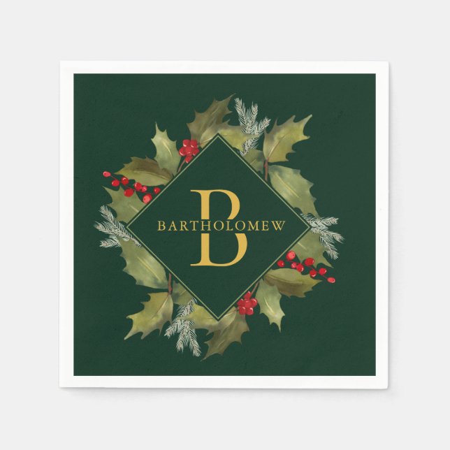 Christmas Watercolor Big Monogram Holly Wreath Napkin (Front)