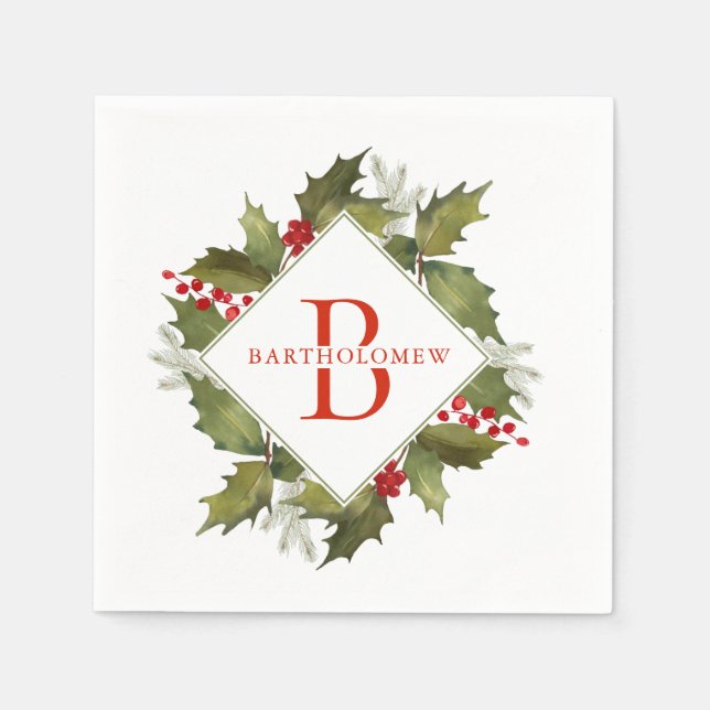 Christmas Watercolor Big Monogram Holly Wreath Red Napkin (Front)