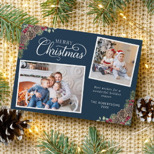 Christmas Watercolor Botanical 2 Photo Navy Blue Holiday Card