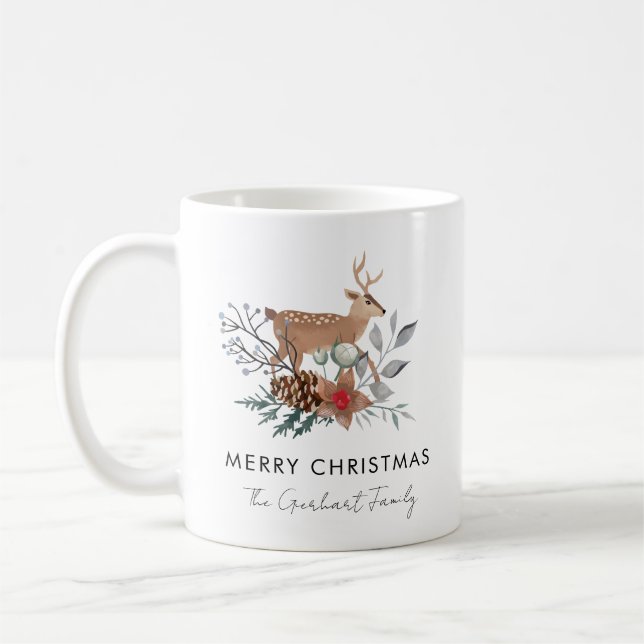 Christmas Watercolor Botanical Deer Holiday Coffee Mug (Left)