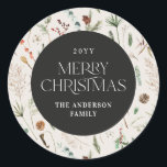 Christmas watercolor botanical floral black white classic round sticker<br><div class="desc">Christmas foliage watercolor botanical floral dark moody modern natural cream and black holiday gift wrap sticker favour design.</div>