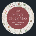 Christmas watercolor botanical floral burgundy classic round sticker<br><div class="desc">Christmas foliage watercolor botanical floral dark moody modern natural cream and burgundy holiday gift wrap sticker favour design.</div>