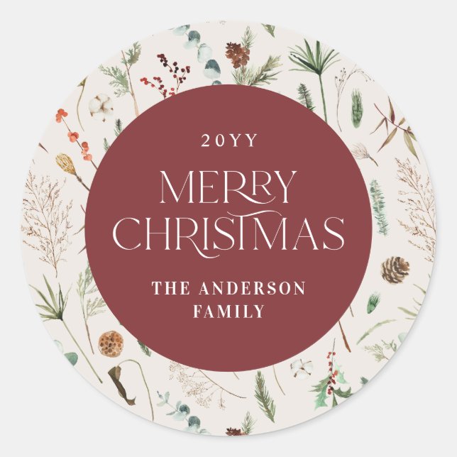 Christmas watercolor botanical floral burgundy classic round sticker (Front)