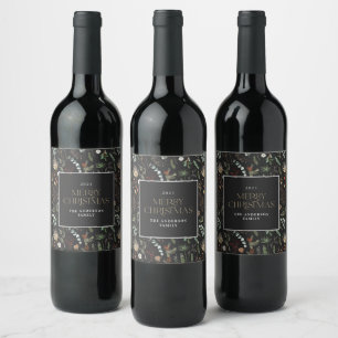 Christmas watercolor botanical floral dark moody wine label