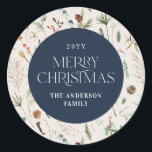 Christmas watercolor botanical floral navy blue classic round sticker<br><div class="desc">Christmas foliage watercolor botanical floral dark moody modern natural cream and navy blue holiday gift wrap sticker favour design.</div>