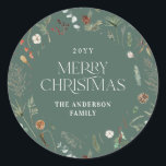 Christmas watercolor botanical floral sage green classic round sticker<br><div class="desc">Christmas foliage watercolor botanical floral dark moody modern sage green holiday gift wrap sticker favour design.</div>