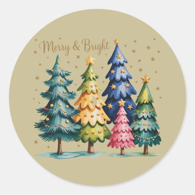 Christmas Watercolor Christmas Trees Pink Tree  Classic Round Sticker (Front)