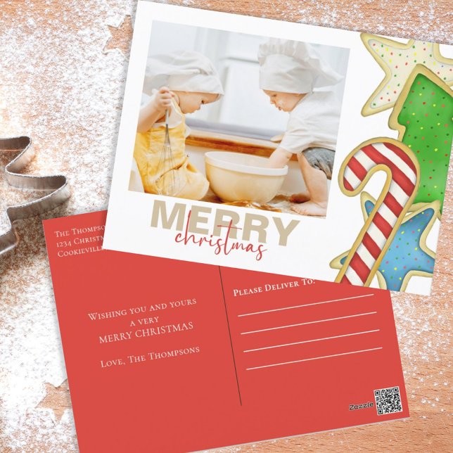 Christmas Watercolor Cute Cookies 1 Photo Holiday (Merry Christmas holiday photo postcard with whimsical colorful Christmas cookies. )