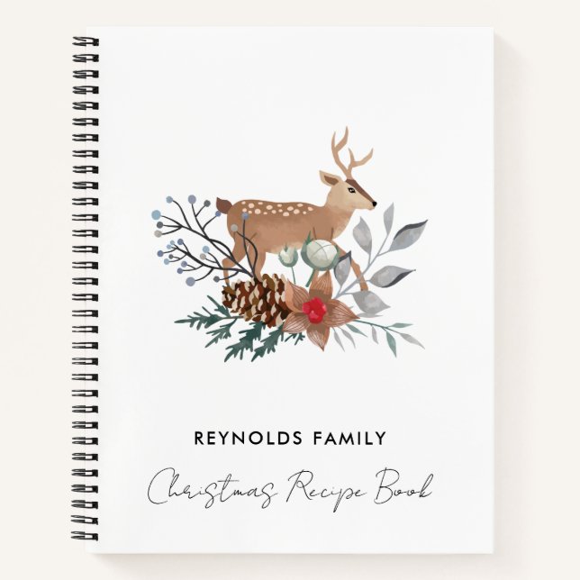 Christmas Watercolor Deer Holiday Family Recipe Notebook (Front)