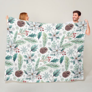 Christmas Watercolor Elegant Floral Fleece Blanket
