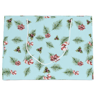 Christmas Watercolor Fir Branches, Candy Cane Blue Large Gift Bag