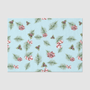 Christmas Watercolor Fir Branches, Candy Cane Blue Tissue Paper