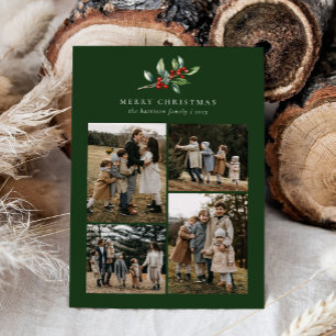 Christmas Watercolor Floral Five Photo Collage Holiday Card