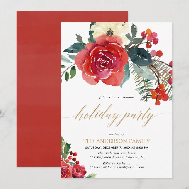 Christmas watercolor floral holiday party elegant invitation (Front/Back)