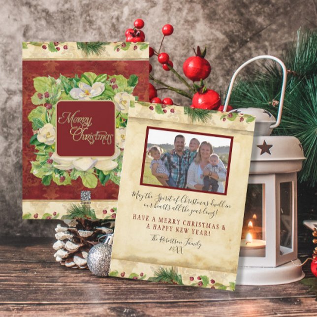 Christmas Watercolor Floral Magnolia Pine Wreath Holiday Card (Creator Uploaded)