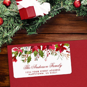 Christmas Watercolor Floral Red Poinsettia Label