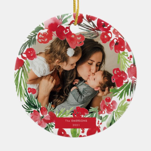 Christmas watercolor flower frame Photo   Ceramic Ornament (Front)