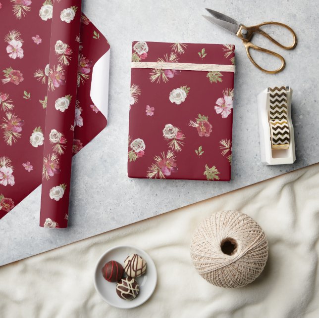 Christmas Watercolor Flower Red Wrapping Paper (Crafts)