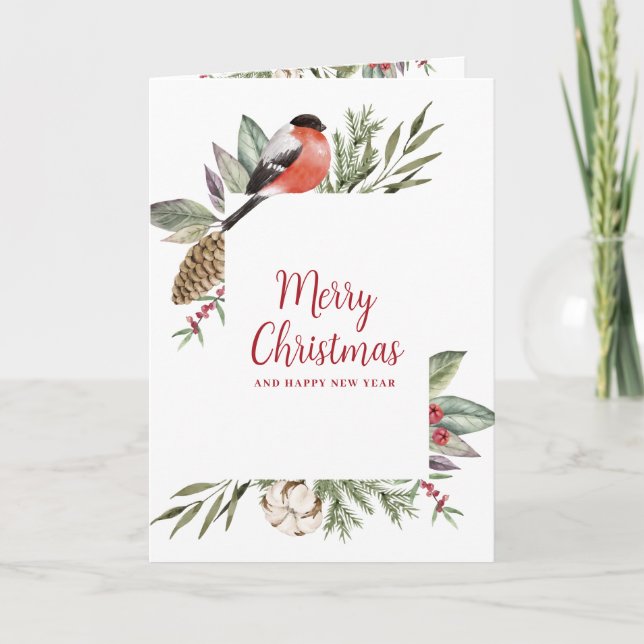 Christmas Watercolor Foliage Photo Holiday Card (Front)