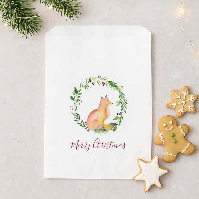 Christmas Watercolor Fox Candy Favour Bag (Flat lay of a favor bag featureing a watercolor fox and Merry Christmas)