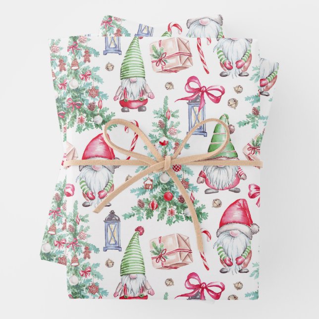 Christmas Watercolor Gnomes, Christmas Trees Wrapping Paper Sheet (In situ)