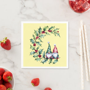 Christmas Watercolor Gnomes Sitting On Holly Twig Napkin