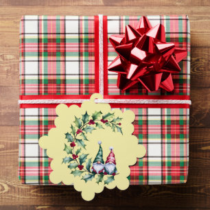 Christmas Watercolor Gnomes Sitting On Holly Twig Ornament Card