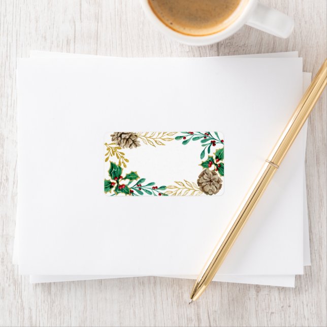 Christmas Watercolor Gold Pine Holly Greenery Label (Insitu)