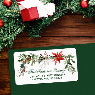 Christmas Watercolor Green Pines Poinsettia Label