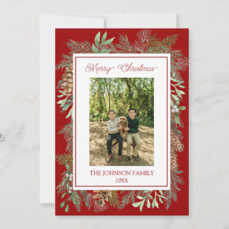Christmas Watercolor Greenery Botanical Red Holiday Card