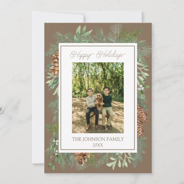 Christmas Watercolor Greenery Botanical Taupe Holiday Card (Front)
