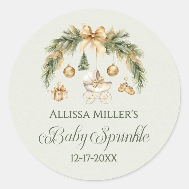 Christmas Watercolor Greenery Winter Baby Sprinkle Classic Round Sticker (Front)