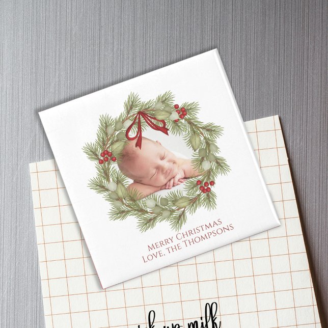 Christmas Watercolor Greenery Wreath Foliage Magnet (Elegant Christmas holiday greenery, foliage red holly berries photo magnet.)