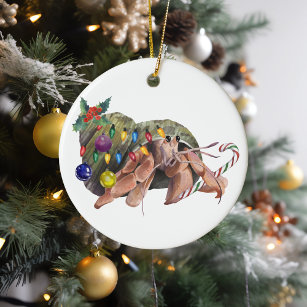Christmas Watercolor Hermit Crab Crustaceancore Ceramic Ornament