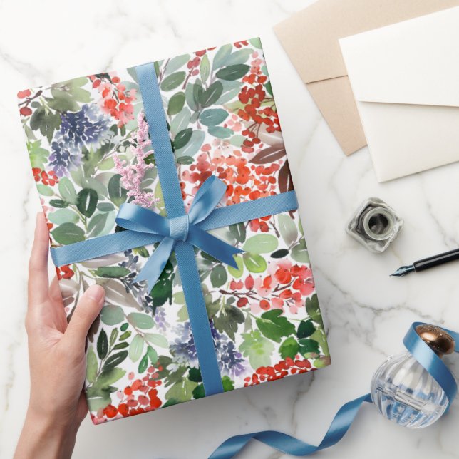 Christmas Watercolor Holly Berries Branch Holiday Wrapping Paper (Gifting)
