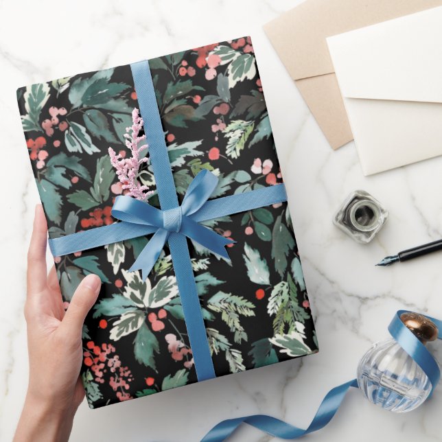 Christmas Watercolor Holly Berries Branch Holiday Wrapping Paper (Gifting)