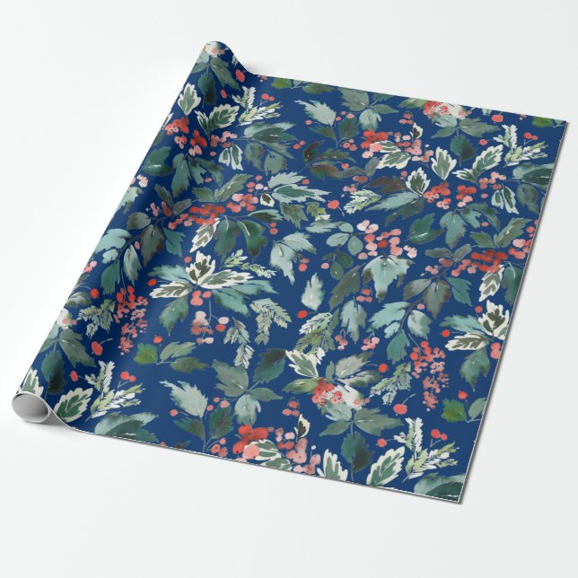 Christmas Watercolor Holly Berries Branch Holiday Wrapping Paper (Unrolled)