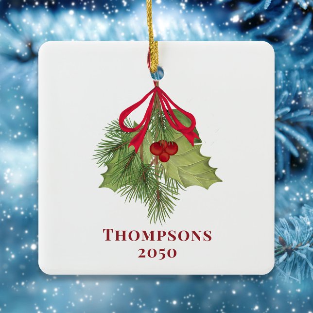 Christmas Watercolor Holly Berries Greenery Simple Ceramic Ornament (Christmas photo elegant holiday holly greenery and foliage ornament. )