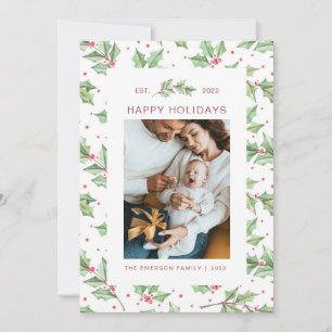 Christmas Watercolor Holly Berries Holiday Card