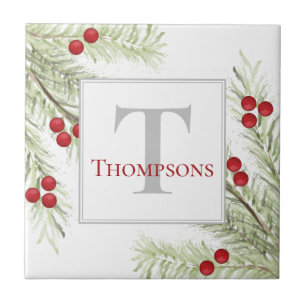 Christmas Watercolor Holly Berries Pine Greenery Tile
